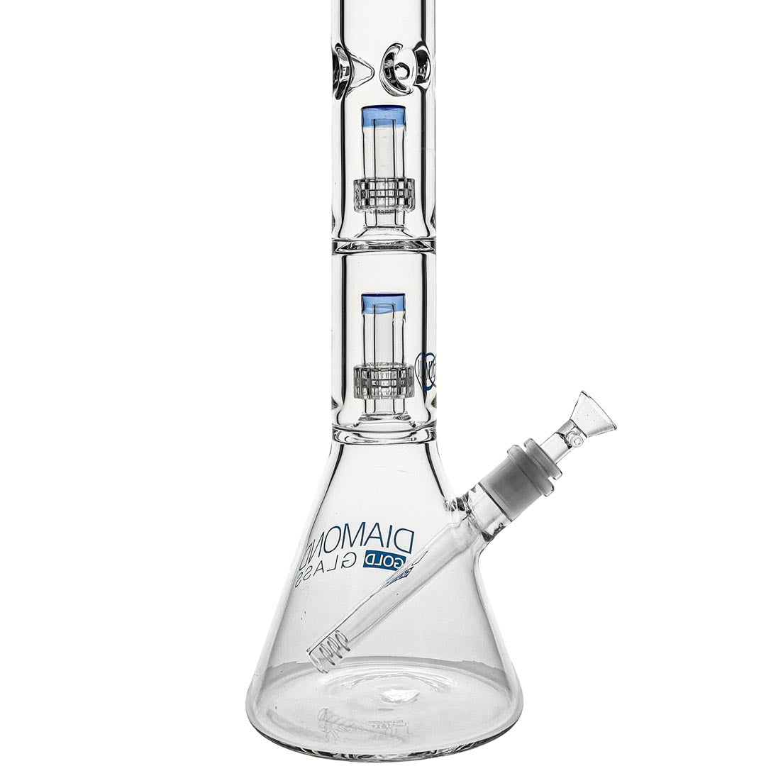 Clear glass water pipe with brand name on a white background