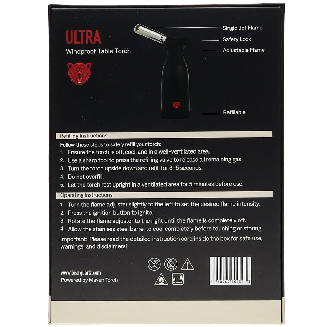 Bear Quartz ULTRA Windproof Butane Torch Back of Box