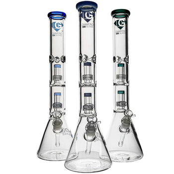 Three clear glass smoking accessories with Diamond Glass branding on a white background image