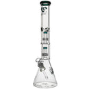 Clear glass water pipe with multiple chambers on a white background