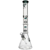 Clear glass water pipe with multiple chambers on a white background