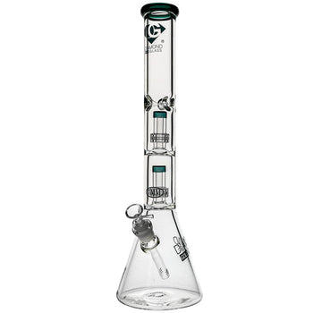 Clear glass water pipe with multiple chambers on a white background image