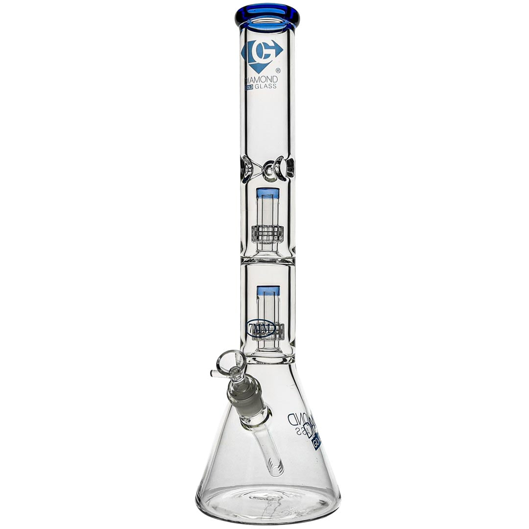 Clear glass water pipe with multiple chambers on a white background