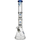 Clear glass water pipe with multiple chambers on a white background