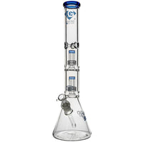 Clear glass water pipe with multiple chambers on a white background