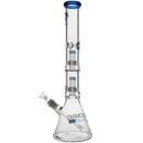 Clear glass beaker with blue accents on a white background, featuring 'Diamond Gold Glass' branding.