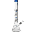 Clear glass water pipe with blue accents on a white background