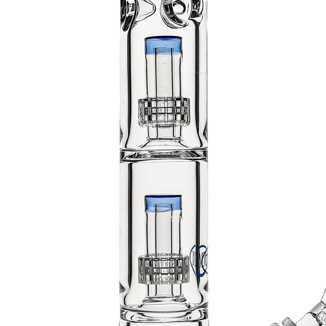 Clear glass water pipe with blue accents on a white background