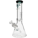 Diamond Glass 9mm Thick Beaker Bong with teal logo on side view