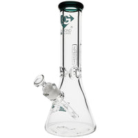 Diamond Glass 9mm Thick Beaker Bong with teal logo on side view
