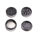 Set of four metal grinder components on a white background